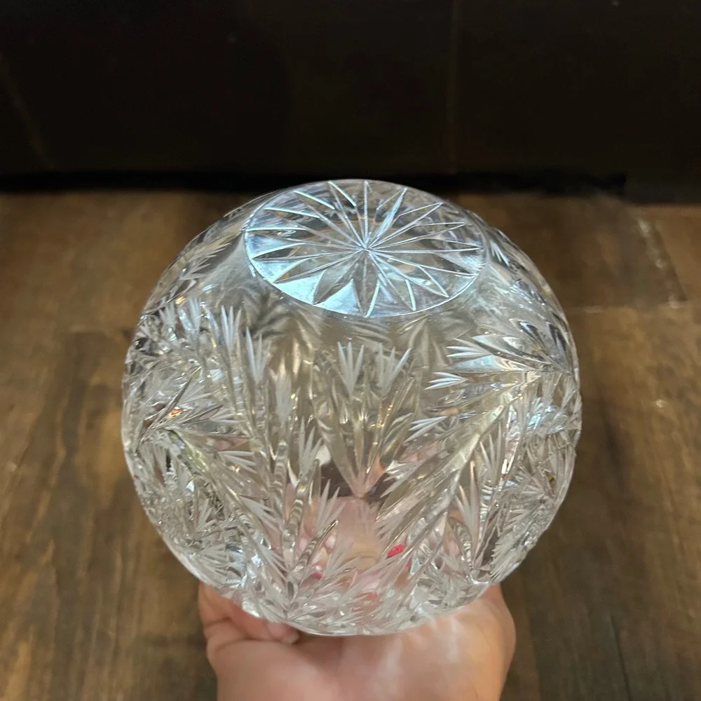Vintage Pinwheel Cut Crystal Rose Bowl Vase Round Globe Starburst Design 5in